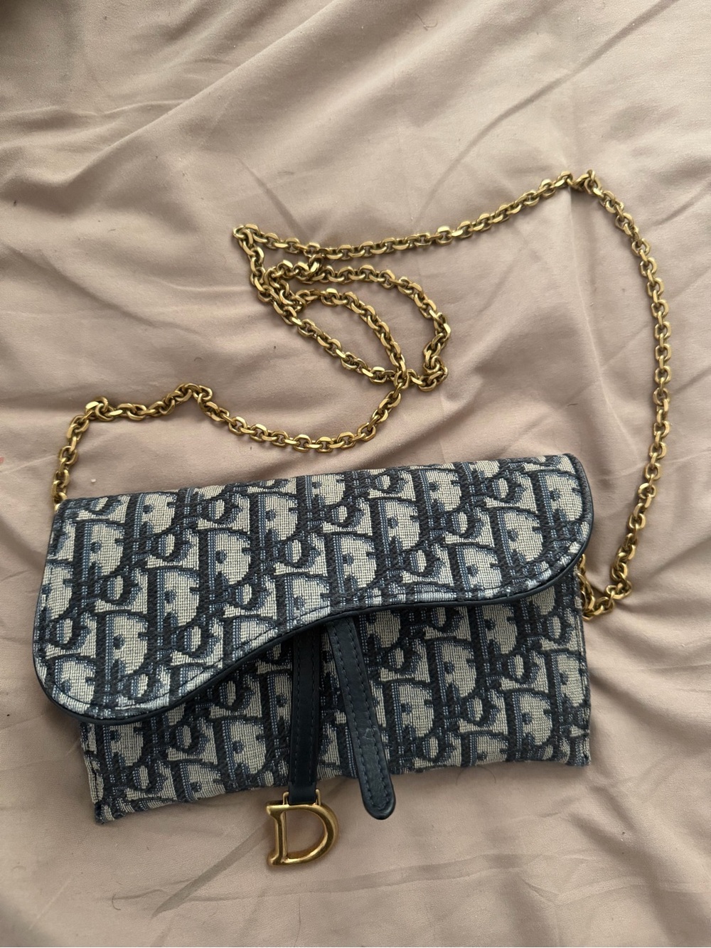 Dior Blue Oblique Canvas Saddle-Style Crossbody with Gold Chain - Picture 2 of 8